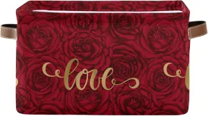 senya Valentines Storage Basket, Large Foldable Storage Basket with Handles, Love on Romantic Rose Fabric Collapsible Storage Bins Organizer Bag for Storage