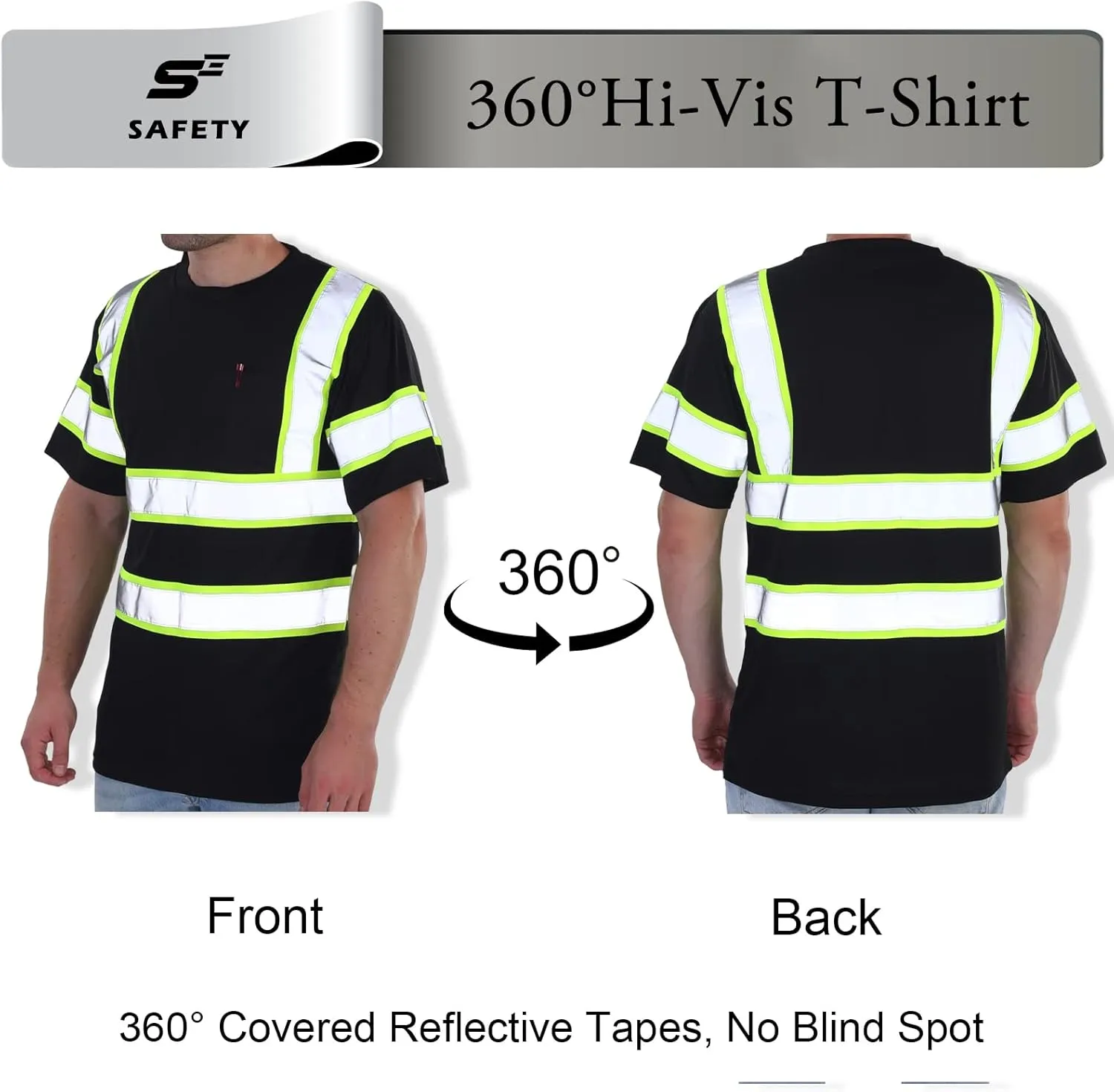 sesafety High Visibility Shirts for Mens Class 3 Hi Vis Reflective Construction Shirts for Men with Pocket Safety T Shirts for Men Work Shirt for Mens Short Sleeve Black Yellow Strips 5XL