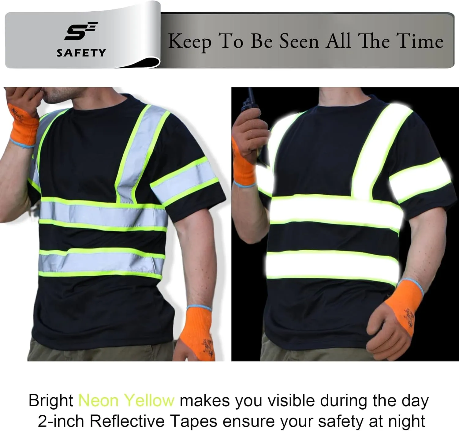 sesafety High Visibility Shirts for Mens Class 3 Hi Vis Reflective Construction Shirts for Men with Pocket Safety T Shirts for Men Work Shirt for Mens Short Sleeve Black Yellow Strips 5XL
