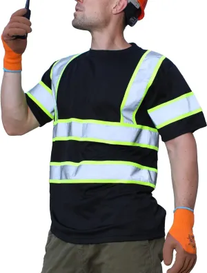 sesafety High Visibility Shirts for Mens Class 3 Hi Vis Reflective Construction Shirts for Men with Pocket Safety T Shirts for Men Work Shirt for Mens Short Sleeve Black Yellow Strips 5XL