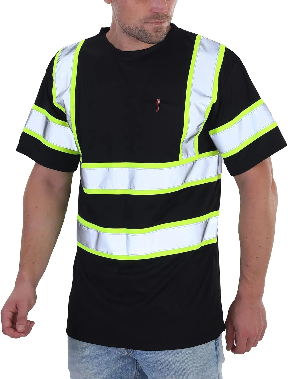 sesafety High Visibility Shirts for Mens Class 3 Hi Vis Reflective Construction Shirts for Men with Pocket Safety T Shirts for Men Work Shirt for Mens Short Sleeve Black Yellow Strips 5XL