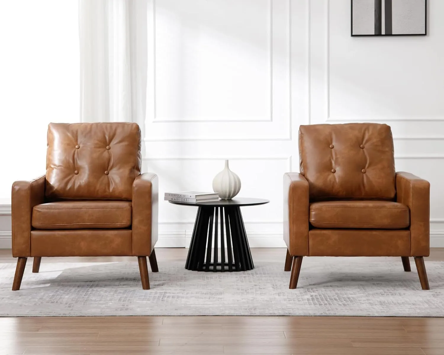 Set of 2 Mid Century Modern Armchair, Button Tufted Faux Leather Accent Chair with Arm, Upholstered Club Chair for Living Room, Bedroom, Rubber Wood Legs, Caramel, 29.1D x 32.3W x 33.1H Inch