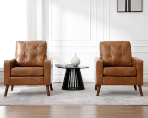 Set of 2 Mid Century Modern Armchair, Button Tufted Faux Leather Accent Chair with Arm, Upholstered Club Chair for Living Room, Bedroom, Rubber Wood Legs, Caramel, 29.1D x 32.3W x 33.1H Inch