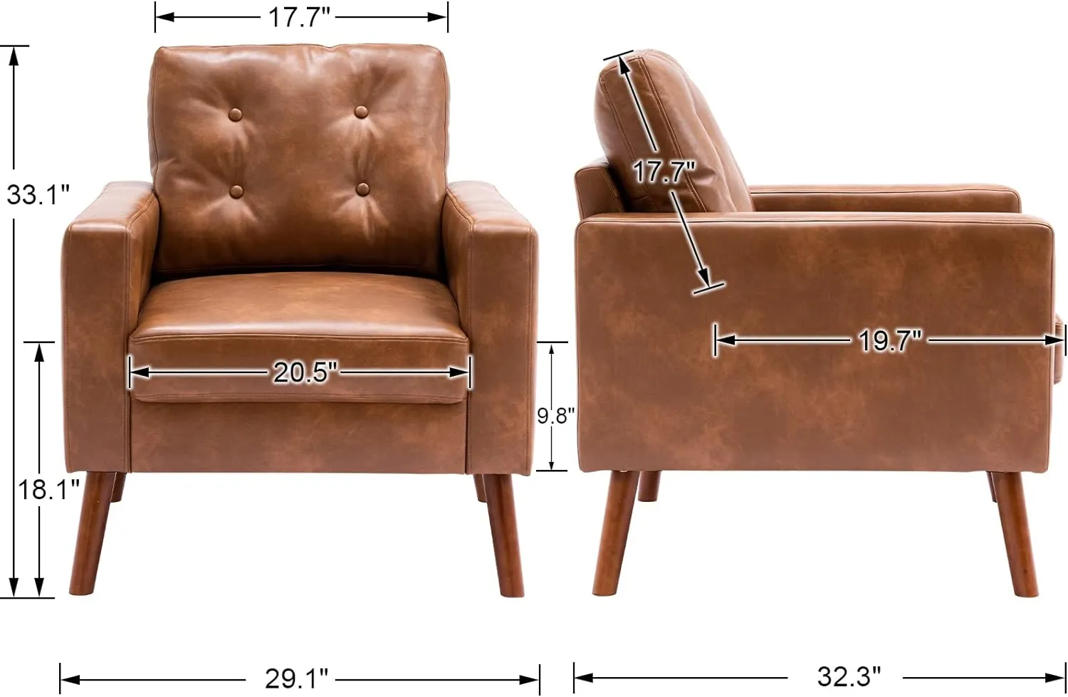 Set of 2 Mid Century Modern Armchair, Button Tufted Faux Leather Accent Chair with Arm, Upholstered Club Chair for Living Room, Bedroom, Rubber Wood Legs, Caramel, 29.1D x 32.3W x 33.1H Inch