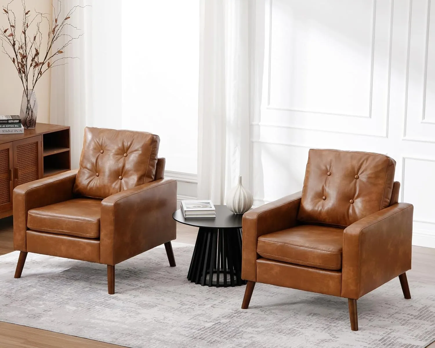 Set of 2 Mid Century Modern Armchair, Button Tufted Faux Leather Accent Chair with Arm, Upholstered Club Chair for Living Room, Bedroom, Rubber Wood Legs, Caramel, 29.1D x 32.3W x 33.1H Inch