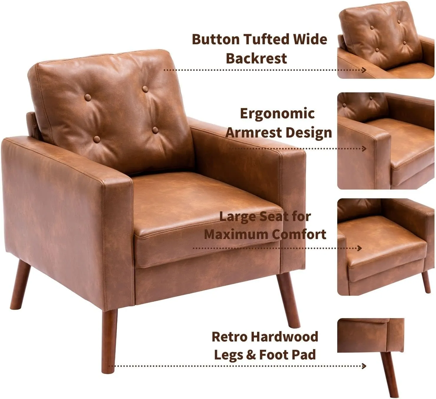 Set of 2 Mid Century Modern Armchair, Button Tufted Faux Leather Accent Chair with Arm, Upholstered Club Chair for Living Room, Bedroom, Rubber Wood Legs, Caramel, 29.1D x 32.3W x 33.1H Inch
