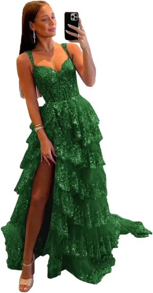 Sevintage Spaghetti Straps Lace Tulle Tiered Prom Dress Long Slit Sparkly Corset Formal Evening Party Gowns