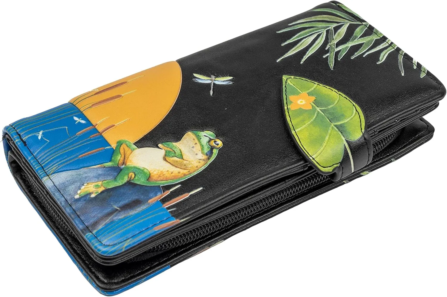 Shag Wear Women's Premium Vegan Clutch Cardholder Wallet Zipper Purse with Pretty Sunset Frogs, Black