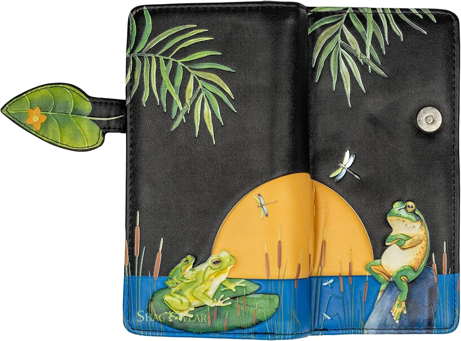 Shag Wear Women's Premium Vegan Clutch Cardholder Wallet Zipper Purse with Pretty Sunset Frogs, Black