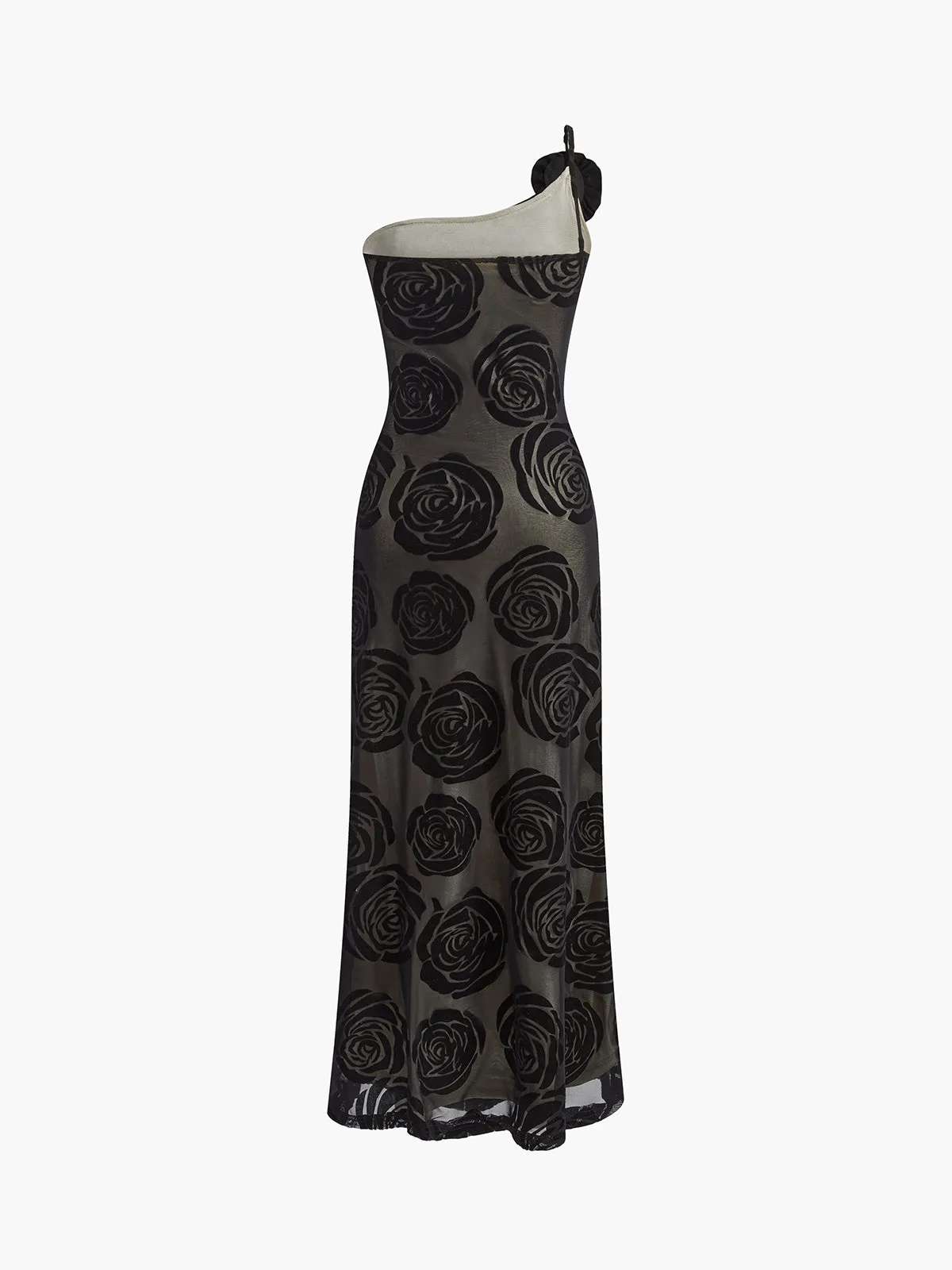 Sheer Floral One-Shoulder Gown | Black | Evening | Mesh & Velvet