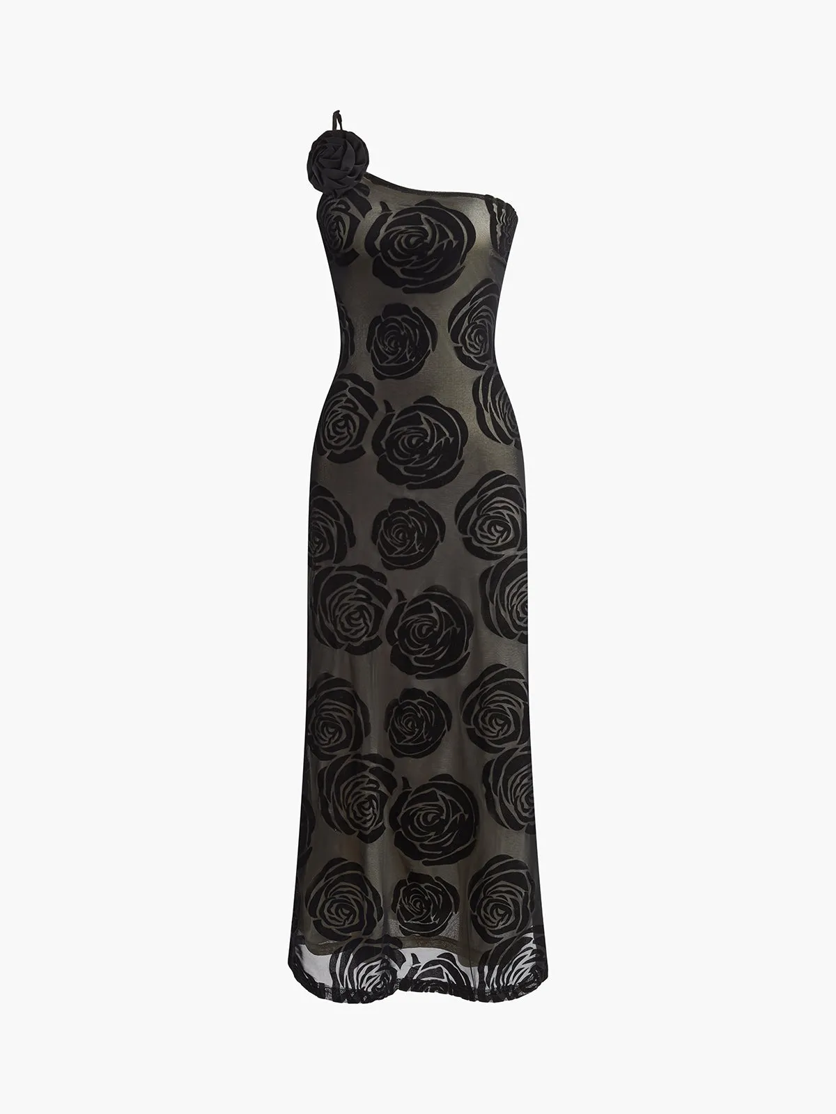 Sheer Floral One-Shoulder Gown | Black | Evening | Mesh & Velvet