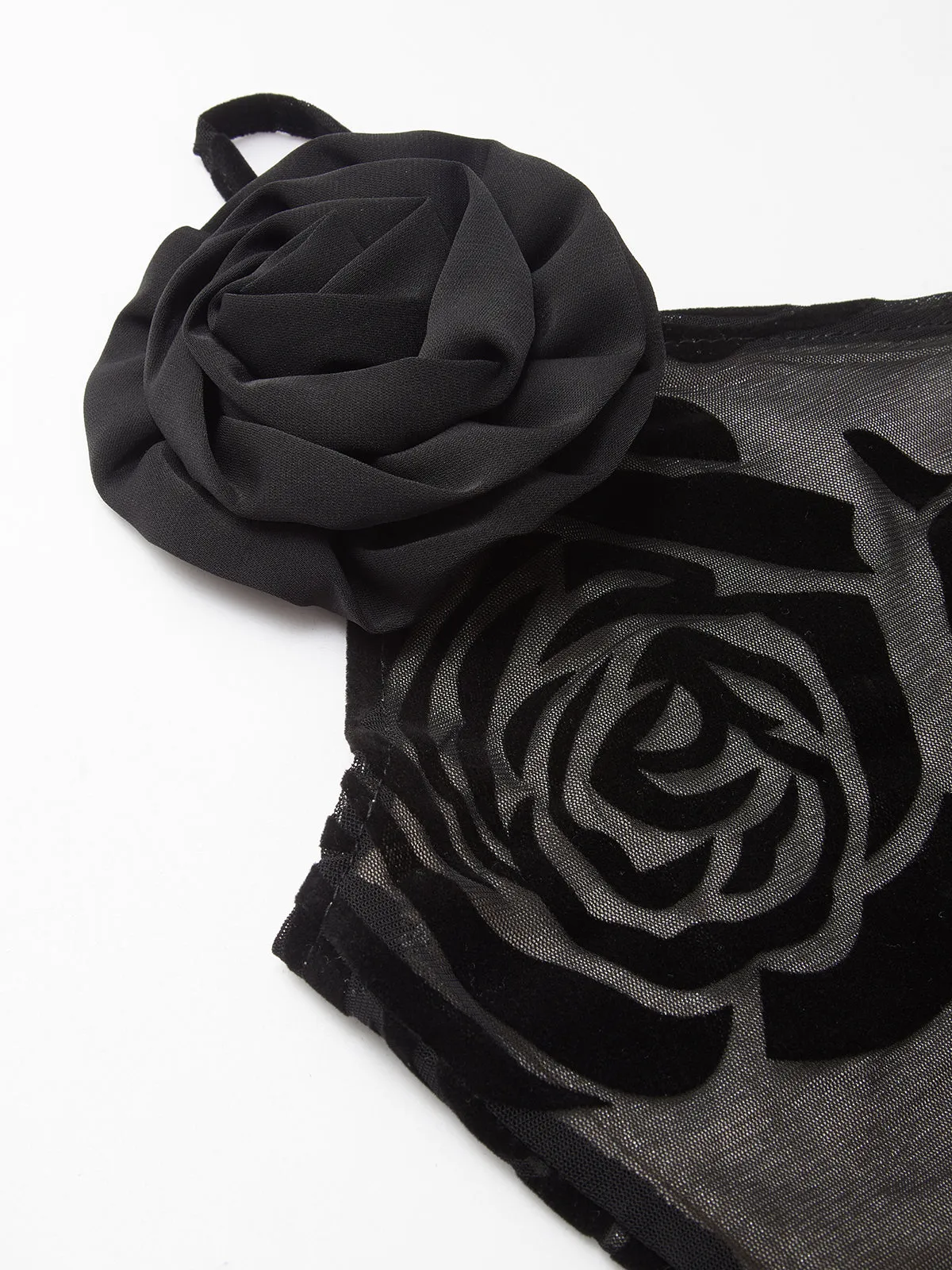 Sheer Floral One-Shoulder Gown | Black | Evening | Mesh & Velvet
