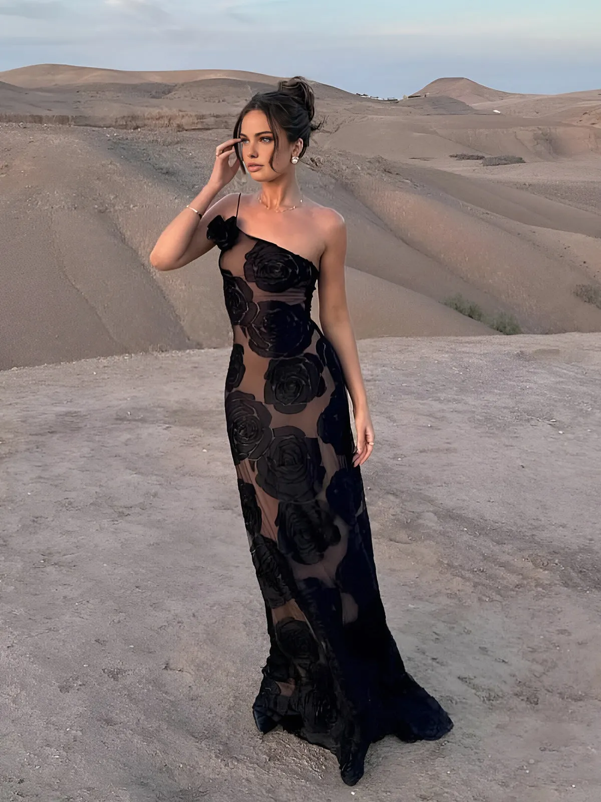 Sheer Floral One-Shoulder Gown | Black | Evening | Mesh & Velvet