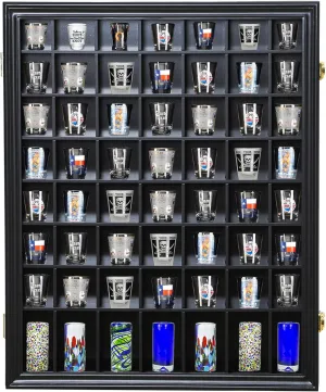 Shot Glass Display Case Wooden Cabinet Rack Holder Wall Mounted 56 Slots Black Shadow Box Lockable with UV Protection Acrylic Glass Door Shot Glass Storage Display with Removable Shelves, 23.3"x18.74"