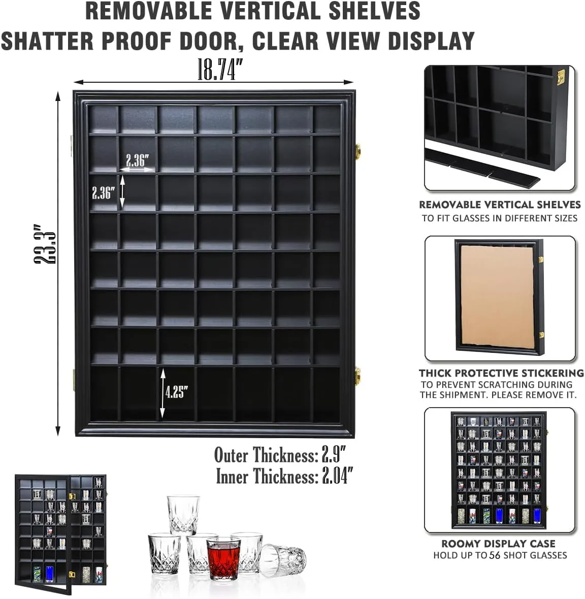 Shot Glass Display Case Wooden Cabinet Rack Holder Wall Mounted 56 Slots Black Shadow Box Lockable with UV Protection Acrylic Glass Door Shot Glass Storage Display with Removable Shelves, 23.3"x18.74"