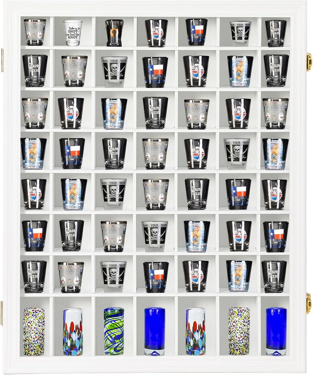 Shot Glass Display Case Wooden Cabinet Rack Holder Wall Mounted 56 Slots White Shadow Box Lockable with UV Protection Acrylic Glass Door Shot Glass Storage Display with Removable Shelves, 23.3"x18.74"