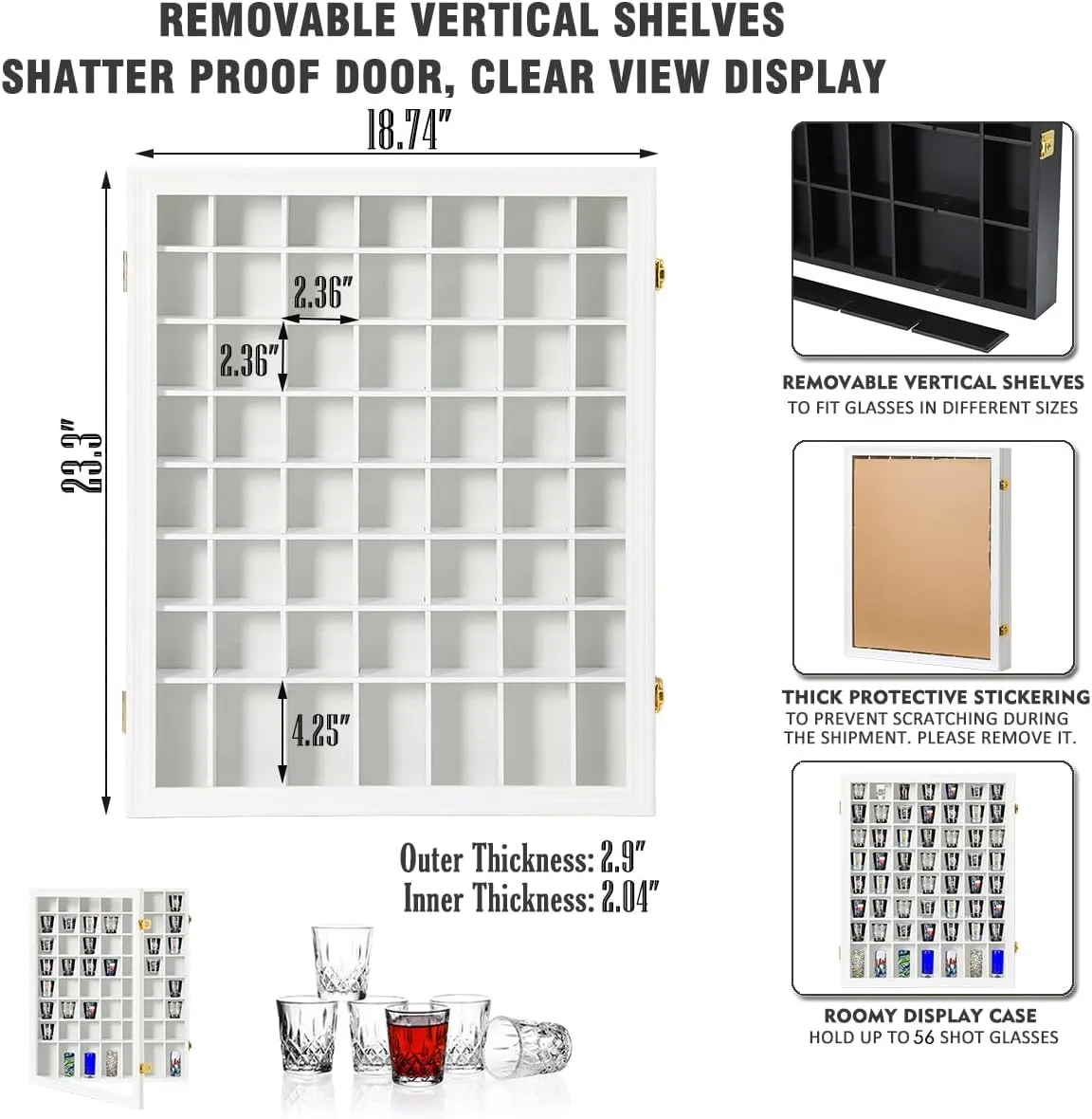 Shot Glass Display Case Wooden Cabinet Rack Holder Wall Mounted 56 Slots White Shadow Box Lockable with UV Protection Acrylic Glass Door Shot Glass Storage Display with Removable Shelves, 23.3"x18.74"