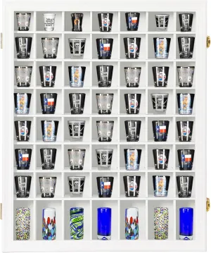 Shot Glass Display Case Wooden Cabinet Rack Holder Wall Mounted 56 Slots White Shadow Box Lockable with UV Protection Acrylic Glass Door Shot Glass Storage Display with Removable Shelves, 23.3"x18.74"