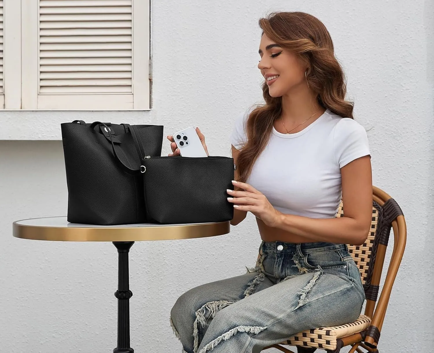 Shoulder Bag Women's 2 Piece Bucket Bag Set Soft Leather Tote & Crossbody Purse with Slouchy Hobo