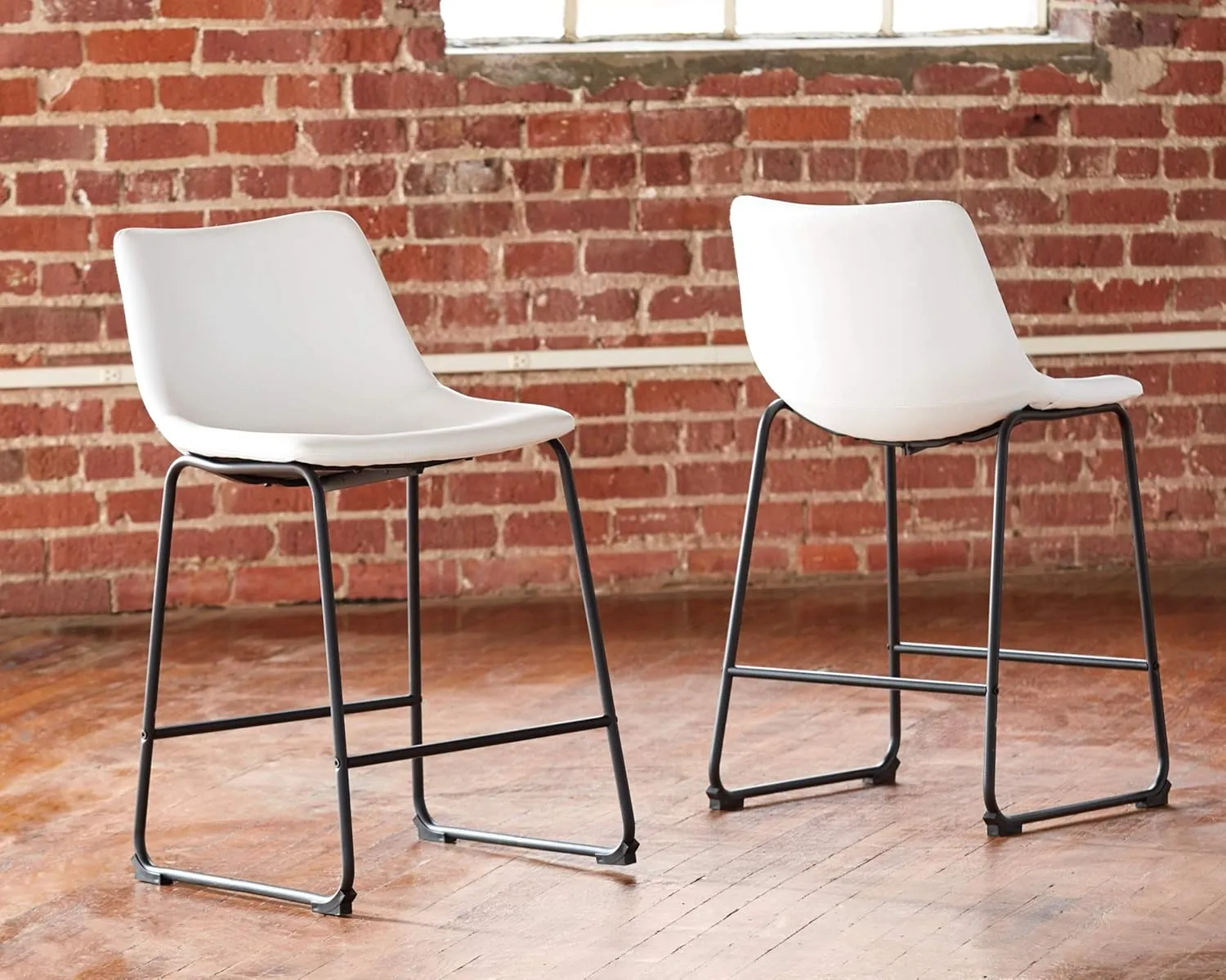 Signature Design by Ashley Centiar Modern Faux Leather 23.75" Counter Height Bucket Seat Barstool, Set of 2, White