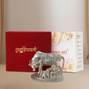 Silver Plated Kamdhenu Cow, Calf & Laddu Gopal Idol | Happy Diwali Tag with Velvet Box Carry Bag | for Home, Pooja Ghar Decorative Showpiece Item