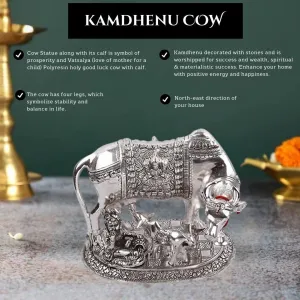 Silver Plated Kamdhenu Cow Statue Oxidized Finish with Luxury Velvet Box Packing and Beautiful Carry Bag Showpiece for Home Decor (Free Diya Set of 2 pics)