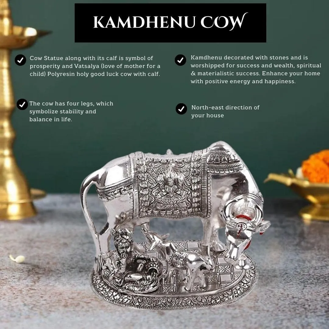 Silver Plated Kamdhenu Cow Statue Oxidized Finish with Luxury Velvet Box Packing and Beautiful Carry Bag Showpiece for Home Decor (Free Diya Set of 2 pics)