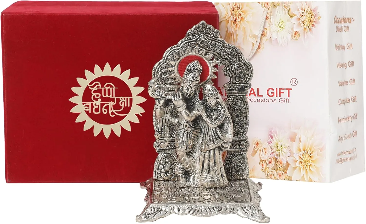 Silver Plated Radha Krishna Idol Oxidized Finish with Happy Raksha Bandhan Wishes, Standard