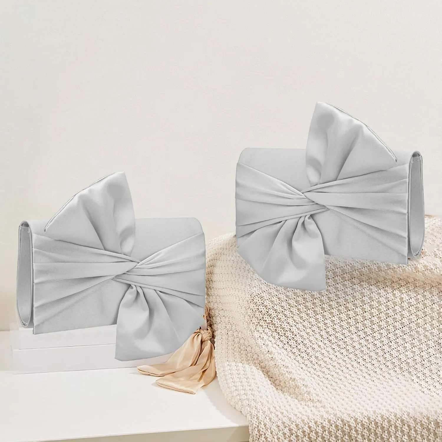Simcat Womens Clutch Bag,Pleated Satin Handbag Lady Pleated Bow Purse Evening Bag with Chain for Wedding Prom Formal Party