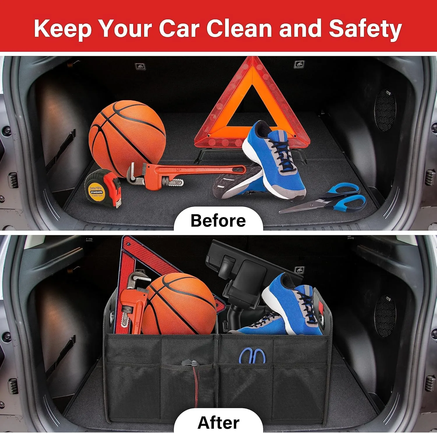 Simple Deluxe Car Trunk Organizer, 2 Compartments Suv Trunk Storage Organizer with Large Capacity Waterproof Collapsible Anti-slip Design, for Car Suv/Jeep/Sedan, Standard Size, Black, 2 Pack