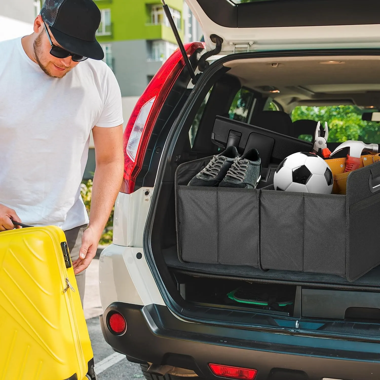 Simple Deluxe Car Trunk Organizer, 2 Compartments Suv Trunk Storage Organizer with Large Capacity Waterproof Collapsible Anti-slip Design, for Car Suv/Jeep/Sedan, Standard Size, Black, 2 Pack