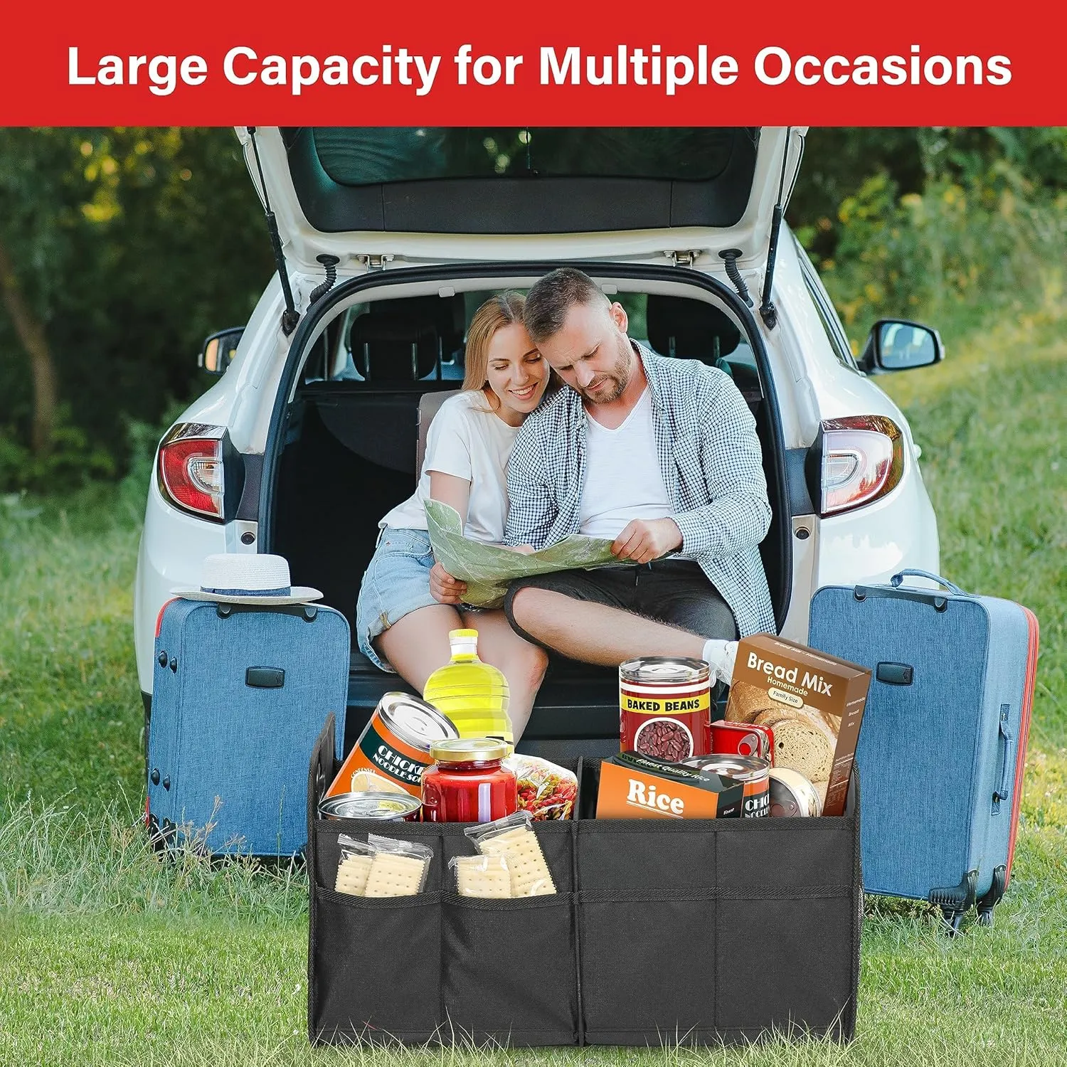 Simple Deluxe Car Trunk Organizer, 2 Compartments Suv Trunk Storage Organizer with Large Capacity Waterproof Collapsible Anti-slip Design, for Car Suv/Jeep/Sedan, Standard Size, Black, 2 Pack