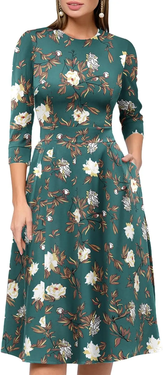 Simple Flavor Women's Floral Vintage Dress Elegant Midi Evening Dress 3/4 Sleeves
