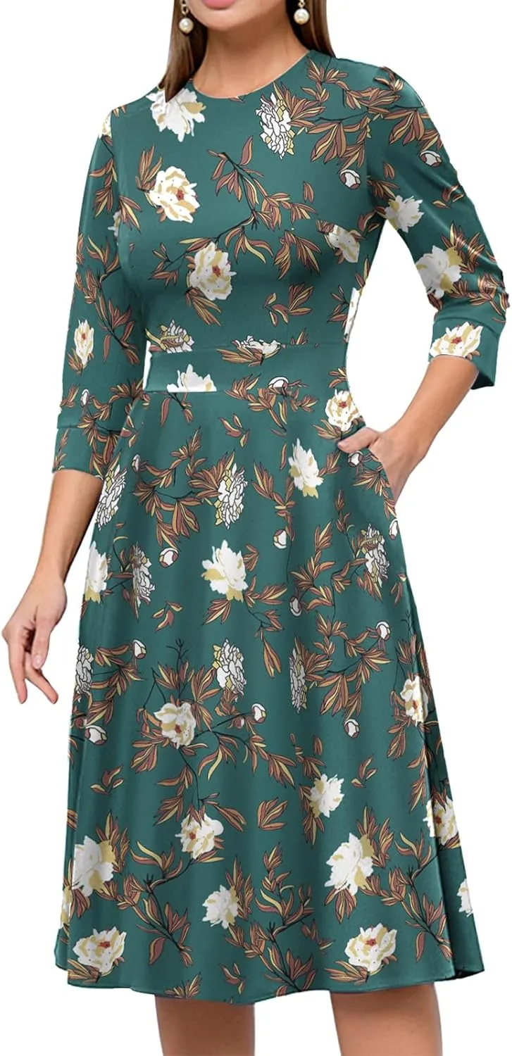 Simple Flavor Women's Floral Vintage Dress Elegant Midi Evening Dress 3/4 Sleeves