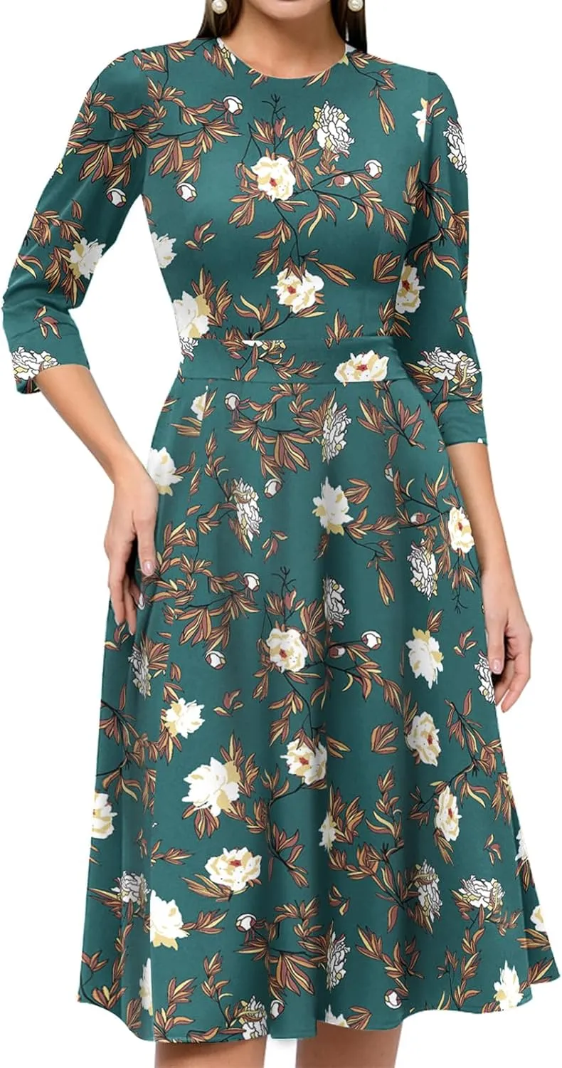 Simple Flavor Women's Floral Vintage Dress Elegant Midi Evening Dress 3/4 Sleeves