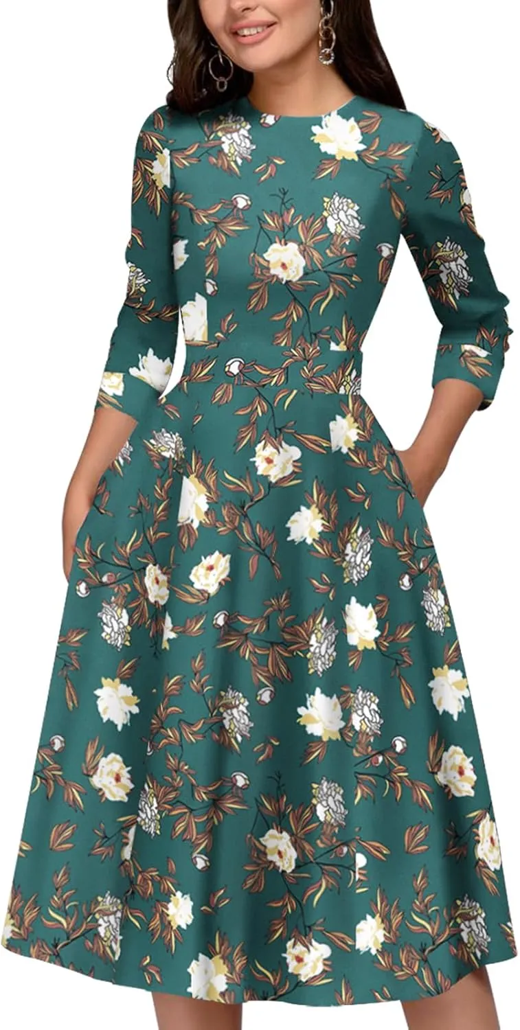 Simple Flavor Women's Floral Vintage Dress Elegant Midi Evening Dress 3/4 Sleeves