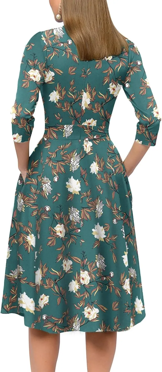 Simple Flavor Women's Floral Vintage Dress Elegant Midi Evening Dress 3/4 Sleeves