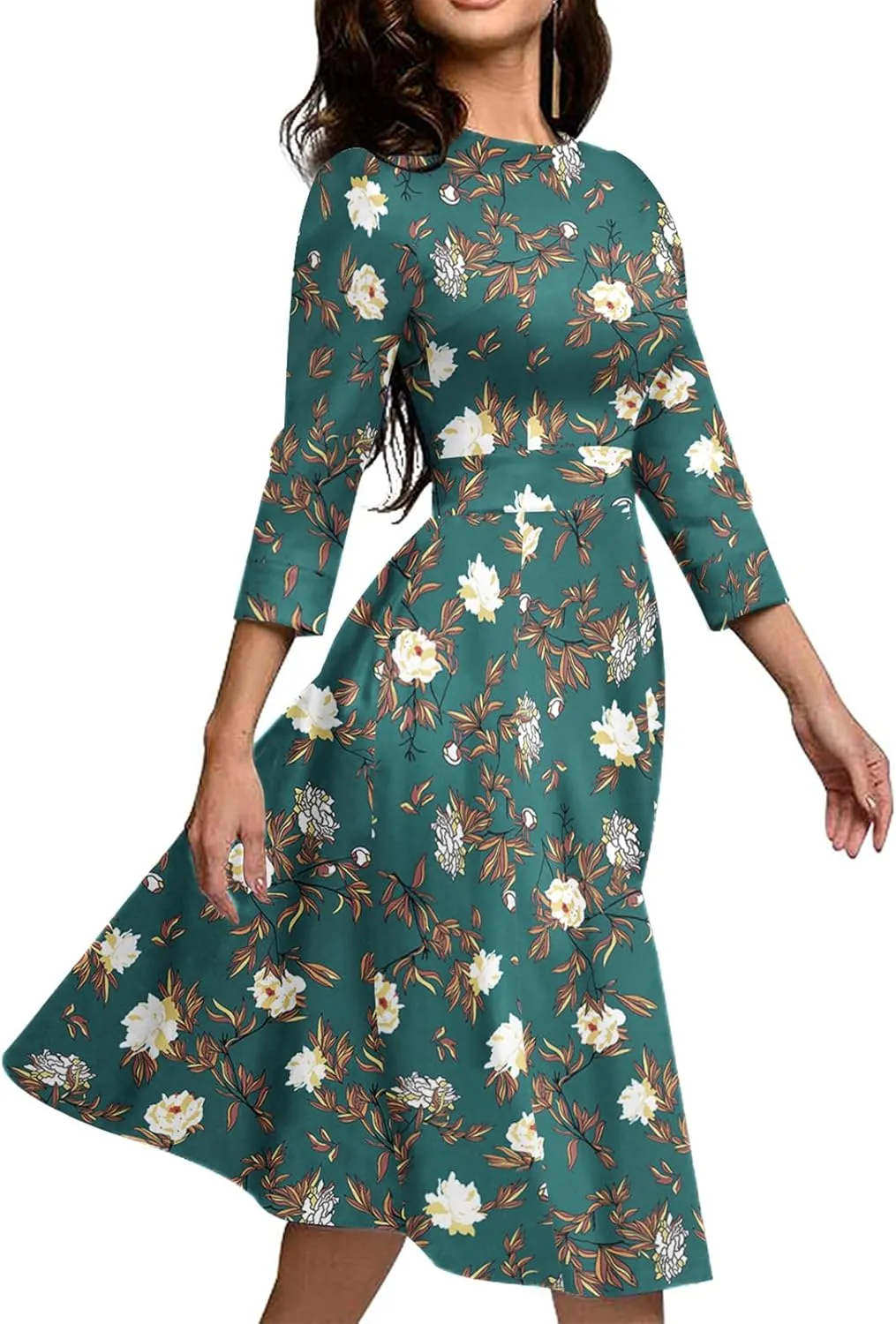 Simple Flavor Women's Floral Vintage Dress Elegant Midi Evening Dress 3/4 Sleeves
