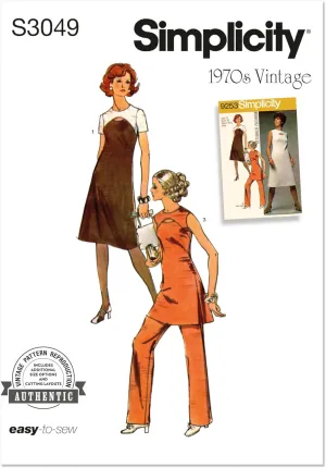 Simplicity SS3049Y5 Misses' Vintage 1970's Dress, Tunic and Pants Sewing Pattern Packet, Design Code S3049, Sizes 18-20-22-24-26, Multicolor