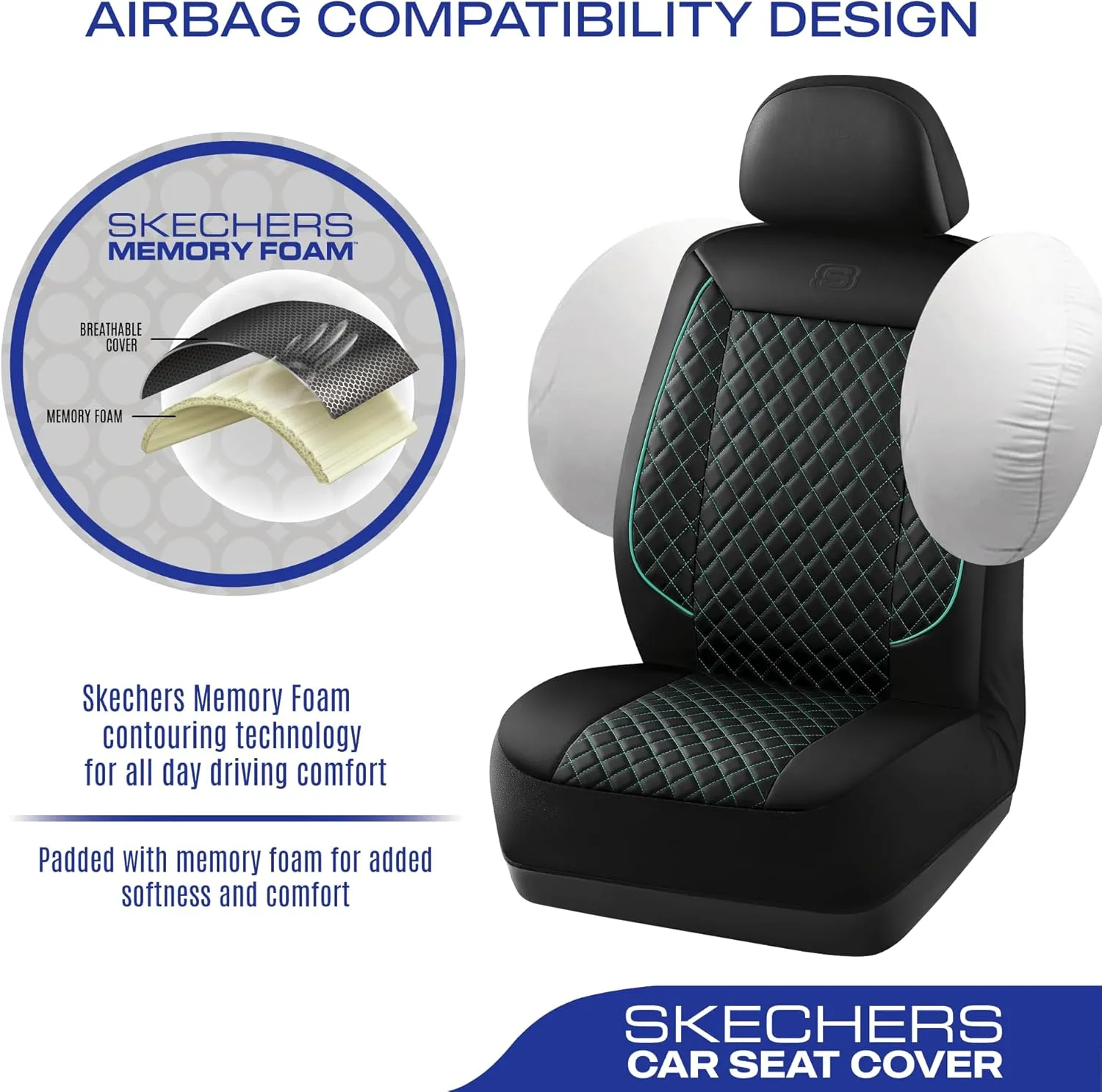 Skechers Car Seat Covers,Piping Luxury Faux Seat Covers,Waterproof Anti Slip Car Seat Protector Full Set,Car Accessories Airbag Universal Fit for Most Cars,Vans,Trucks,SUV,Mint