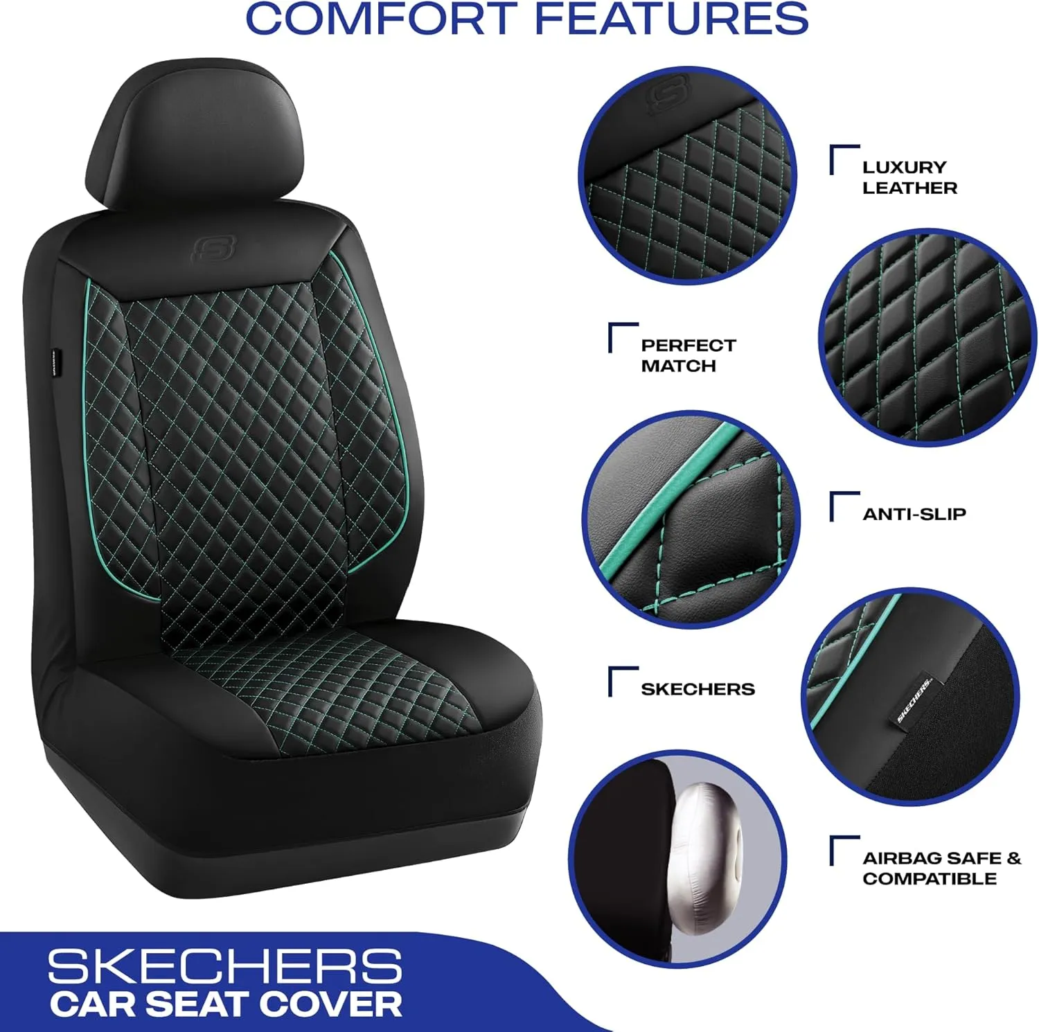 Skechers Car Seat Covers,Piping Luxury Faux Seat Covers,Waterproof Anti Slip Car Seat Protector Full Set,Car Accessories Airbag Universal Fit for Most Cars,Vans,Trucks,SUV,Mint