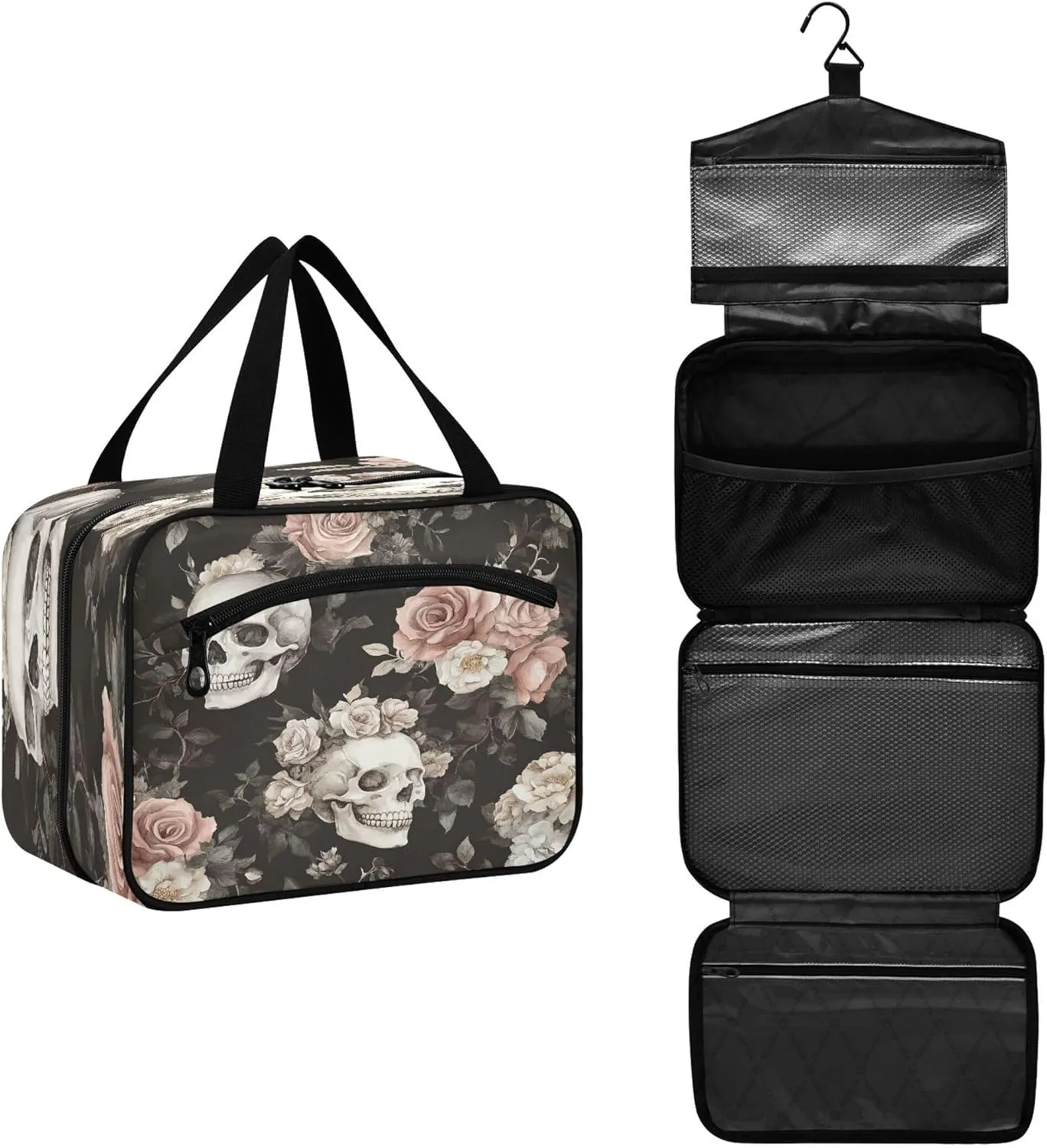 Skull with Colorful Flowers Travel Toiletry Bag for Women & men Hanging Portable Toiletry Bag Large Capacity Travel Bag for Hold Cosmetics Skin Care Products Toiletries Medium