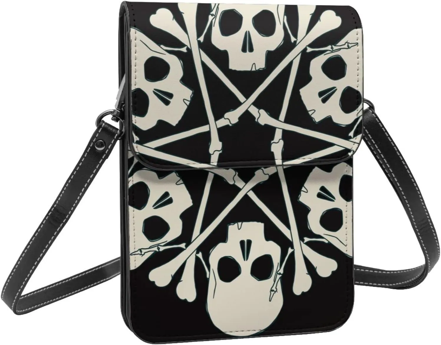 Skulls Bones Dark Mystery Black Crossbody Cell Phone Purse for Womens Lightweight Small Soft Leather Fashion Travel Wallet with Adjustable Strap