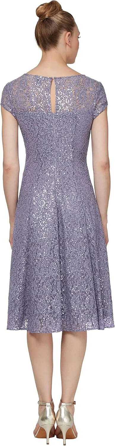 S.L. Fashions Women's Short Sleeve Sequin and Lace Tea Length Mother of The Bride Dress (Petite and Regular Sizes)