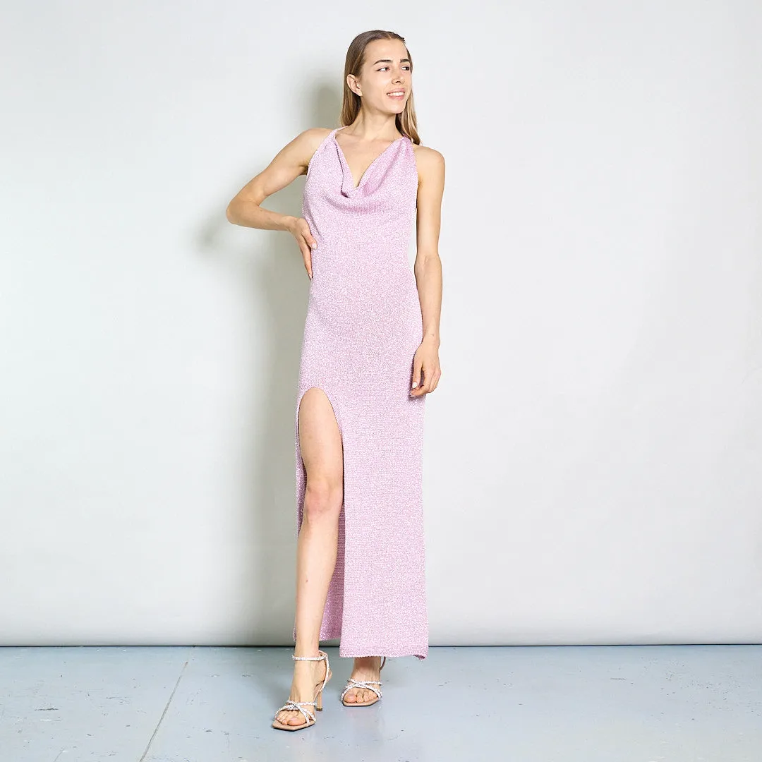 Sleeveless cowl-back glitter maxi evening dress wholesale
