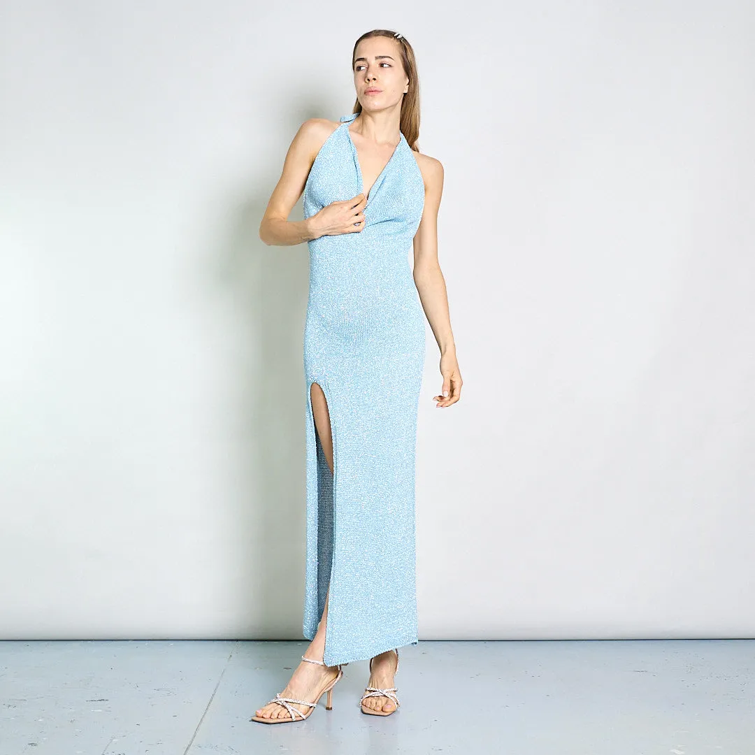 Sleeveless cowl-back glitter maxi evening dress wholesale