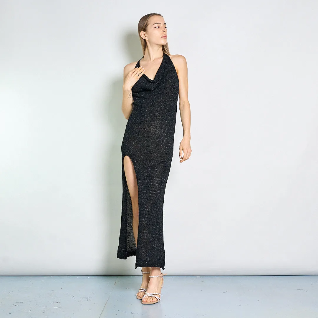 Sleeveless cowl-back glitter maxi evening dress wholesale