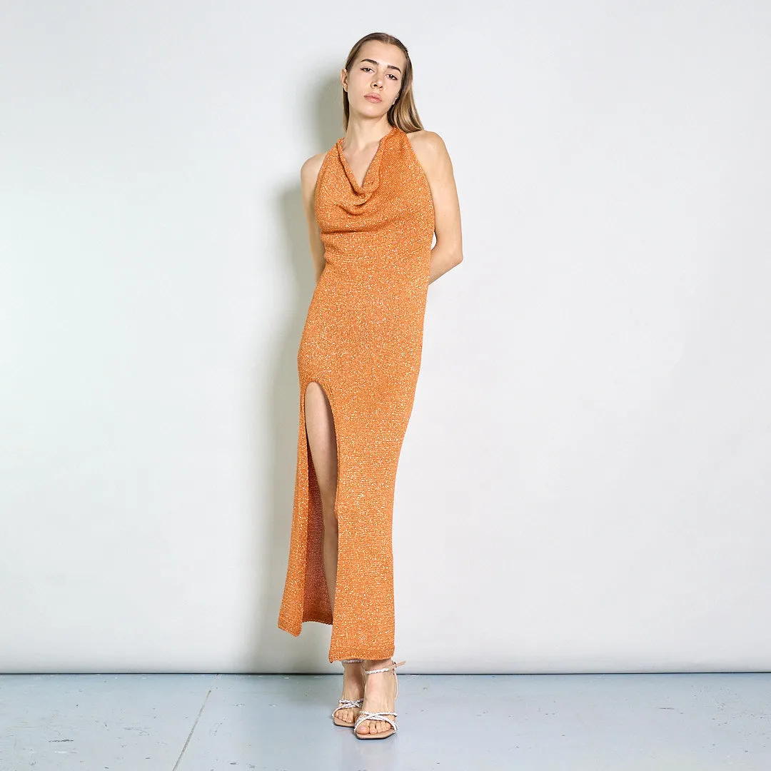 Sleeveless cowl-back glitter maxi evening dress wholesale