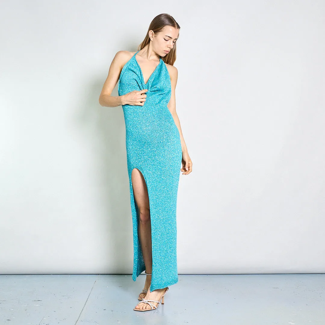 Sleeveless cowl-back glitter maxi evening dress wholesale