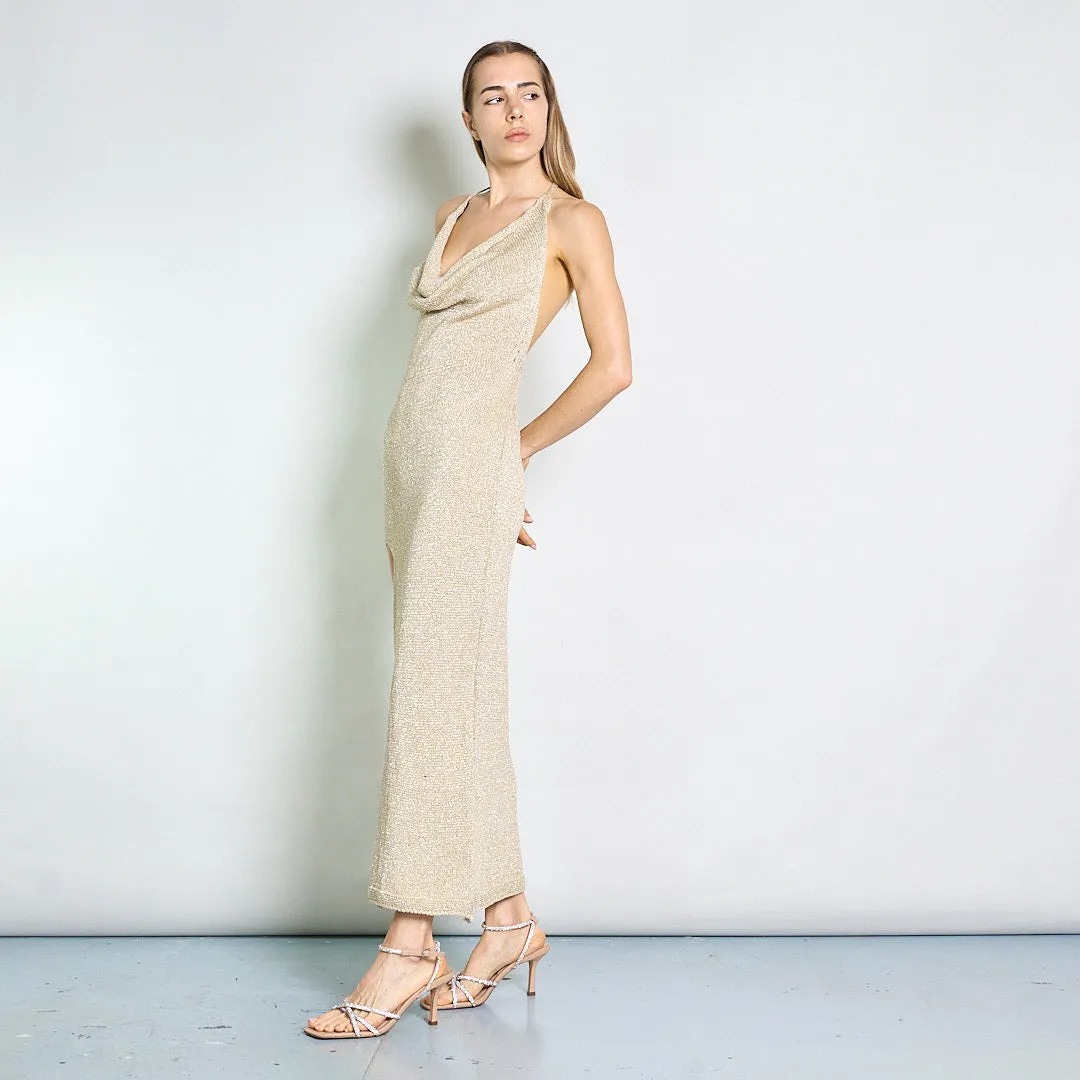 Sleeveless cowl-back glitter maxi evening dress wholesale